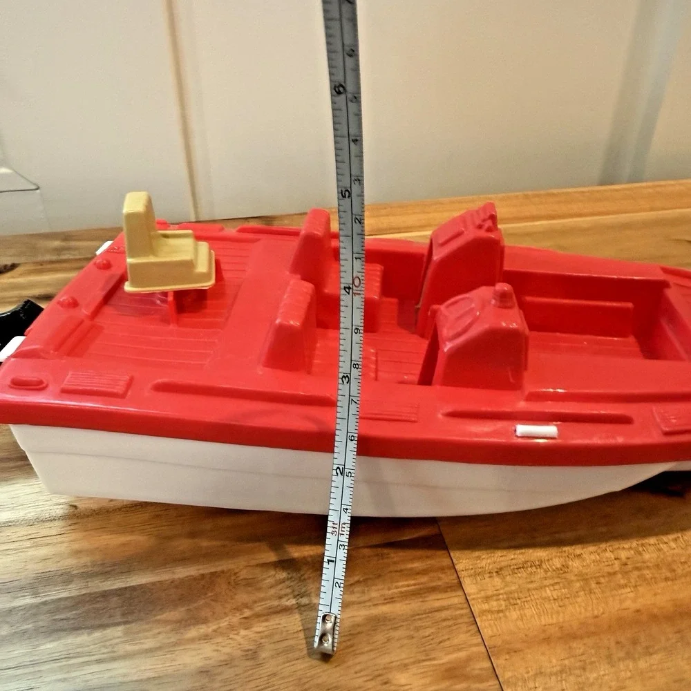 Vintage American Plastic Toys Red White Power Speed Boat Tan Seats Propeller
